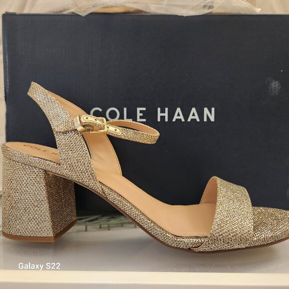 Cole Haan Josie Block Heel Sling Back Sandals Gold Glitter Size 10. NIB.